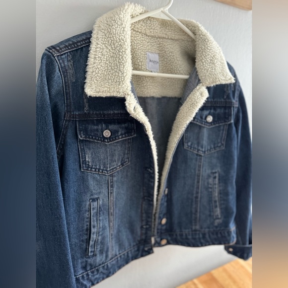 Kensie Jean Sherpa Jacket Distressed Medium Blue Wash Stretch Denim Size Large - Picture 6 of 10